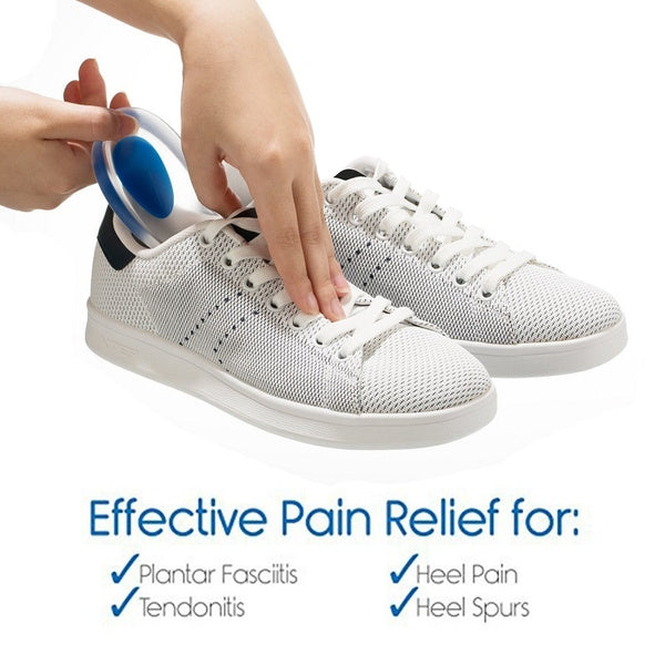 Gel heel pads for shock absorption and pain relief. Gel heel pads for shock absorption and pain relief.
